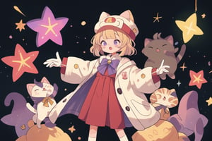 Blonde girl,short hair,ruby-like eyes,long red eyelashes,red lips, wearing a red snow hat with a white fur ball on the top,a purple starfish on the hat,white fur on the edge of the hat,and a red coat,coat with gold buttons,green skirt,green bow on the neck,green sneakers,gold laces, no gloves,singing in front of microphone,surrounded by sleeping furry white cat,white cat wearing a pink bow on its head,surrounded by bubbles,shining point,concert,colorful stage lighting,no people,Tetris game background