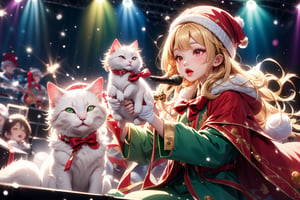 Blonde girl,singing,playing electric guitar,long hair,red eyes,long red eyelashes,red lips,wearing a red snow hat with a white fur ball on the top,a purple starfish on the hat,white fur on the edge of the hat,and a red coat,coat with gold buttons,green skirt,green bow on the neck,green sneakers,gold laces, no gloves,singing in front of microphone,sleeping furry white cat audience,white cat wearing a pink bow on head,surrounded by bubbles,shining point,concert,colorful stage lighting,no people,Tetris game background,anime