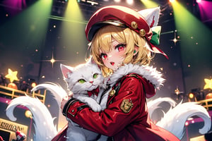 vtuber,Blonde girl,short hair,ruby-like eyes,red eyes,long red eyelashes,red lips, wearing a red snow hat with a white fur ball on the top,a purple starfish on the hat,white fur on the edge of the hat,and a red coat,coat with gold buttons,green skirt,green bow on the neck,green sneakers,gold laces,singing in front of microphone,holding a sleeping furry white cat,white cat wearing a pink bow on its head,surrounded by bubbles,shining point,concert,colorful stage lighting,no people,Tetris game background