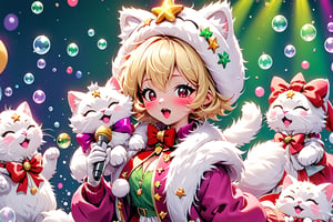 Blonde woman,singing,short hair,sleeping eyes,long red eyelashes,red lips,wearing a red snow hat with a white fur ball on the top,a purple starfish on the hat,white fur on the edge of the hat,and a red coat,coat with gold buttons,green skirt,green bow on the neck,green sneakers,gold laces, no gloves,singing in front of microphone,sleeping furry white cat audience,white cat wearing a pink bow on head,surrounded by bubbles,shining point,concert,colorful stage lighting,no people,Tetris game background