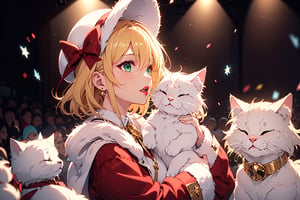 Blonde girl,short hair,ruby-like eyes,long red eyelashes,red lips, wearing a red snow hat with a white fur ball on the top,a purple starfish on the hat,white fur on the edge of the hat,and a red coat,coat with gold buttons,green skirt,green bow on the neck,green sneakers,gold laces, no gloves,singing in front of microphone,holding a sleeping furry white cat,white cat wearing a pink bow on its head,surrounded by bubbles,shining point,concert,colorful stage lighting,no people,Tetris game background