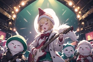 solo,Blonde woman,singing,playing electric guitar,short hair,red eyes,long red eyelashes,red lips,wearing a red snow hat with a white fur ball on the top,a purple starfish on the hat,white fur on the edge of the hat,and a red coat,coat with gold buttons,green skirt,green bow on the neck,green sneakers,gold laces, no gloves,singing in front of microphone,sleeping furry white cat audience,white cat wearing a pink bow on head,surrounded by bubbles,shining point,concert,colorful stage lighting,no people,Tetris game background