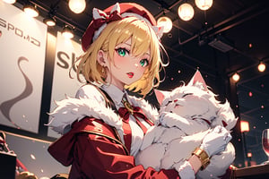 Blonde girl,short hair,ruby-like eyes,long red eyelashes,red lips, wearing a red snow hat with a white fur ball on the top,a purple starfish on the hat,white fur on the edge of the hat,and a red coat,coat with gold buttons,green skirt,green bow on the neck,green sneakers,gold laces, no gloves,singing in front of microphone,holding a sleeping furry white cat,white cat wearing a pink bow on its head,surrounded by bubbles,shining point,concert,colorful stage lighting,no people,Tetris game background