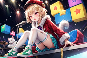 Blonde woman,singing,playing electric guitar,short hair,red eyes,long red eyelashes,red lips,wearing a red snow hat with a white fur ball on the top,a purple starfish on the hat,white fur on the edge of the hat,and a red coat,coat with gold buttons,green skirt,green bow on the neck,green sneakers,gold laces, no gloves,singing in front of microphone,sleeping furry white cat audience,white cat wearing a pink bow on head,surrounded by bubbles,shining point,concert,colorful stage lighting,no people,Tetris game background,anime