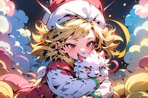 vtuber,Blonde girl,short hair,ruby-like eyes,red eyes,long red eyelashes,red lips, wearing a red snow hat with a white fur ball on the top,a purple starfish on the hat,white fur on the edge of the hat,and a red coat,coat with gold buttons,green skirt,green bow on the neck,green sneakers,gold laces,singing in front of microphone,holding a sleeping furry white cat,white cat wearing a pink bow on its head,surrounded by bubbles,shining point,concert,colorful stage lighting,no people,Tetris game background,5_figners