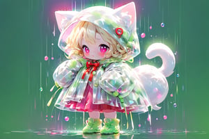 Blonde girl,hold microphone,short hair,red eyes,long red eyelashes,red lips,wearing a red snow hat with a white fur ball on the top,a purple starfish on the hat,white fur on the edge of the hat,and a red coat,coat with gold buttons,green skirt,green bow on the neck,green sneakers,gold laces, no gloves,singing in front of microphone,sleeping furry white cat audience,white cat wearing a pink bow on head,surrounded by bubbles,shining point,concert,colorful stage lighting,no people,Tetris game background