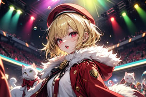 Blonde woman,playing electric guitar,short hair,red eyes,long red eyelashes,red lips,wearing a red snow hat with a white fur ball on the top,a purple starfish on the hat,white fur on the edge of the hat,and a red coat,coat with gold buttons,green skirt,green bow on the neck,green sneakers,gold laces, no gloves,singing in front of microphone,sleeping furry white cat audience,white cat wearing a pink bow on head,surrounded by bubbles,shining point,concert,colorful stage lighting,no people,Tetris game background,anime