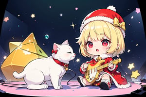 Blonde woman,singing,playing electric guitar,short hair,red eyes,long red eyelashes,red lips,wearing a red snow hat with a white fur ball on the top,a purple starfish on the hat,white fur on the edge of the hat,and a red coat,coat with gold buttons,green skirt,green bow on the neck,green sneakers,gold laces, no gloves,singing in front of microphone,sleeping furry white cat audience,white cat wearing a pink bow on head,surrounded by bubbles,shining point,concert,colorful stage lighting,no people,Tetris game background,anime