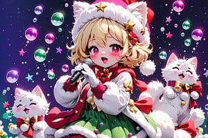 Blonde girl,singing,short hair,close eyes,long red eyelashes,red lips,wearing a red snow hat with a white fur ball on the top,a purple starfish on the hat,white fur on the edge of the hat,and a red coat,coat with gold buttons,green skirt,green bow on the neck,green sneakers,gold laces, no gloves,singing in front of microphone,sleeping furry white cat audience,white cat wearing a pink bow on its head,surrounded by bubbles,shining point,concert,colorful stage lighting,no people,Tetris game background