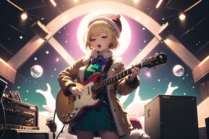 solo,Blonde woman,singing,playing electric guitar,short hair,red eyes,long red eyelashes,red lips,wearing a red snow hat with a white fur ball on the top,a purple starfish on the hat,white fur on the edge of the hat,and a red coat,coat with gold buttons,green skirt,green bow on the neck,green sneakers,gold laces, no gloves,singing in front of microphone,sleeping furry white cat audience,white cat wearing a pink bow on head,surrounded by bubbles,shining point,concert,colorful stage lighting,no people,Tetris game background