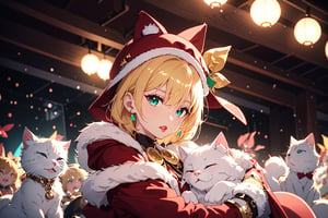 Blonde girl,short hair,ruby-like eyes,long red eyelashes,red lips, wearing a red snow hat with a white fur ball on the top,a purple starfish on the hat,white fur on the edge of the hat,and a red coat,coat with gold buttons,green skirt,green bow on the neck,green sneakers,gold laces, no gloves,singing in front of microphone,holding a sleeping furry white cat,white cat wearing a pink bow on its head,surrounded by bubbles,shining point,concert,colorful stage lighting,no people,Tetris game background