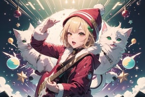 solo,Blonde woman,singing,playing electric guitar,short hair,red eyes,long red eyelashes,red lips,wearing a red snow hat with a white fur ball on the top,a purple starfish on the hat,white fur on the edge of the hat,and a red coat,coat with gold buttons,green skirt,green bow on the neck,green sneakers,gold laces, no gloves,singing in front of microphone,sleeping furry white cat audience,white cat wearing a pink bow on head,surrounded by bubbles,shining point,concert,colorful stage lighting,no people,Tetris game background