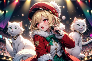 Blonde woman,singing,playing electric guitar,short hair,red eyes,long red eyelashes,red lips,wearing a red snow hat with a white fur ball on the top,a purple starfish on the hat,white fur on the edge of the hat,and a red coat,coat with gold buttons,green skirt,green bow on the neck,green sneakers,gold laces, no gloves,singing in front of microphone,sleeping furry white cat audience,white cat wearing a pink bow on head,surrounded by bubbles,shining point,concert,colorful stage lighting,no people,Tetris game background,anime