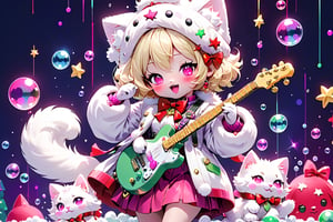 Blonde girls,playing electric guitar,short hair,red eyes,long red eyelashes,red lips,wearing a red snow hat with a white fur ball on the top,a purple starfish on the hat,white fur on the edge of the hat,and a red coat,coat with gold buttons,green skirt,green bow on the neck,green sneakers,gold laces, no gloves,singing in front of microphone,sleeping furry white cat audience,white cat wearing a pink bow on head,surrounded by bubbles,shining point,concert,colorful stage lighting,no people,Tetris game background,anime