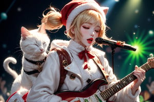 solo,Blonde woman,singing,playing electric guitar,short hair,red eyes,long red eyelashes,red lips,wearing a red snow hat with a white fur ball on the top,a purple starfish on the hat,white fur on the edge of the hat,and a red coat,coat with gold buttons,green skirt,green bow on the neck,green sneakers,gold laces, no gloves,singing in front of microphone,sleeping furry white cat audience,white cat wearing a pink bow on head,surrounded by bubbles,shining point,concert,colorful stage lighting,no people,Tetris game background