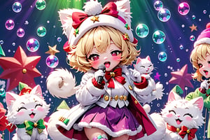 Blonde girl,singing,short hair,close eyes,long red eyelashes,red lips,wearing a red snow hat with a white fur ball on the top,a purple starfish on the hat,white fur on the edge of the hat,and a red coat,coat with gold buttons,green skirt,green bow on the neck,green sneakers,gold laces, no gloves,singing in front of microphone,sleeping furry white cat audience,white cat wearing a pink bow on its head,surrounded by bubbles,shining point,concert,colorful stage lighting,no people,Tetris game background