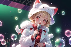 Blonde girl,singing,playing electric guitar,short hair,red eyes,long red eyelashes,red lips,wearing a red snow hat with a white fur ball on the top,a purple starfish on the hat,white fur on the edge of the hat,and a red coat,coat with gold buttons,green skirt,green bow on the neck,green sneakers,gold laces, no gloves,singing in front of microphone,sleeping furry white cat audience,white cat wearing a pink bow on head,surrounded by bubbles,shining point,concert,colorful stage lighting,no people,Tetris game background,anime