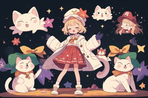 Blonde girl,short hair,ruby-like eyes,long red eyelashes,red lips, wearing a red snow hat with a white fur ball on the top,a purple starfish on the hat,white fur on the edge of the hat,and a red coat,coat with gold buttons,green skirt,green bow on the neck,green sneakers,gold laces, no gloves,singing in front of microphone,surrounded by sleeping furry white cat,white cat wearing a pink bow on its head,surrounded by bubbles,shining point,concert,colorful stage lighting,no people,Tetris game background