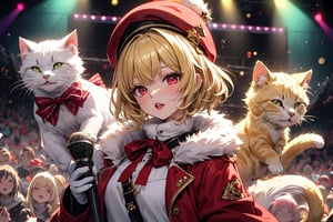 Blonde woman,playing electric guitar,short hair,red eyes,long red eyelashes,red lips,wearing a red snow hat with a white fur ball on the top,a purple starfish on the hat,white fur on the edge of the hat,and a red coat,coat with gold buttons,green skirt,green bow on the neck,green sneakers,gold laces, no gloves,singing in front of microphone,sleeping furry white cat audience,white cat wearing a pink bow on head,surrounded by bubbles,shining point,concert,colorful stage lighting,no people,Tetris game background,anime