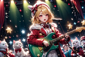 Blonde girl,singing,playing electric guitar,short hair,red eyes,long red eyelashes,red lips,wearing a red snow hat with a white fur ball on the top,a purple starfish on the hat,white fur on the edge of the hat,and a red coat,coat with gold buttons,green skirt,green bow on the neck,green sneakers,gold laces, no gloves,singing in front of microphone,sleeping furry white cat audience,white cat wearing a pink bow on head,surrounded by bubbles,shining point,concert,colorful stage lighting,no people,Tetris game background,anime