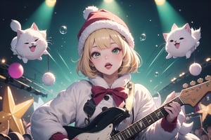 solo,Blonde woman,singing,playing electric guitar,short hair,red eyes,long red eyelashes,red lips,wearing a red snow hat with a white fur ball on the top,a purple starfish on the hat,white fur on the edge of the hat,and a red coat,coat with gold buttons,green skirt,green bow on the neck,green sneakers,gold laces, no gloves,singing in front of microphone,sleeping furry white cat audience,white cat wearing a pink bow on head,surrounded by bubbles,shining point,concert,colorful stage lighting,no people,Tetris game background