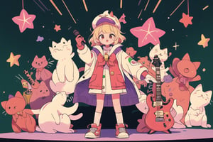 solo,Blonde woman,singing,playing electric guitar,short hair,red eyes,long red eyelashes,red lips,wearing a red snow hat with a white fur ball on the top,a purple starfish on the hat,white fur on the edge of the hat,and a red coat,coat with gold buttons,green skirt,green bow on the neck,green sneakers,gold laces, no gloves,singing in front of microphone,sleeping furry white cat audience,white cat wearing a pink bow on head,surrounded by bubbles,shining point,concert,colorful stage lighting,no people,Tetris game background