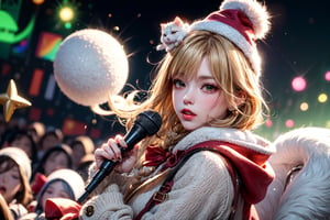 solo,Blonde woman,singing,playing electric guitar,short hair,red eyes,long red eyelashes,red lips,wearing a red snow hat with a white fur ball on the top,a purple starfish on the hat,white fur on the edge of the hat,and a red coat,coat with gold buttons,green skirt,green bow on the neck,green sneakers,gold laces, no gloves,singing in front of microphone,sleeping furry white cat audience,white cat wearing a pink bow on head,surrounded by bubbles,shining point,concert,colorful stage lighting,no people,Tetris game background