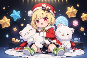 Blonde girl,short hair,red eyes,long red eyelashes,red lips, wearing a red snow hat with a white fur ball on the top,a purple starfish on the hat,white fur on the edge of the hat,and a red coat,coat with gold buttons,green skirt,green bow on the neck,green sneakers,gold laces, no gloves,singing in front of microphone,surrounded by sleeping furry white cat,white cat wearing a pink bow on its head,surrounded by bubbles,shining point,concert,colorful stage lighting,no people,Tetris game background