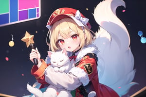 vtuber,Blonde girl,short hair,ruby-like eyes,red eyes,long red eyelashes,red lips, wearing a red snow hat with a white fur ball on the top,a purple starfish on the hat,white fur on the edge of the hat,and a red coat,coat with gold buttons,green skirt,green bow on the neck,green sneakers,gold laces,singing in front of microphone,holding a sleeping furry white cat,white cat wearing a pink bow on its head,surrounded by bubbles,shining point,concert,colorful stage lighting,no people,Tetris game background