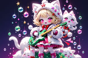 Blonde woman,playing electric guitar,short hair,red eyes,long red eyelashes,red lips,wearing a red snow hat with a white fur ball on the top,a purple starfish on the hat,white fur on the edge of the hat,and a red coat,coat with gold buttons,green skirt,green bow on the neck,green sneakers,gold laces, no gloves,singing in front of microphone,sleeping furry white cat audience,white cat wearing a pink bow on head,surrounded by bubbles,shining point,concert,colorful stage lighting,no people,Tetris game background,anime