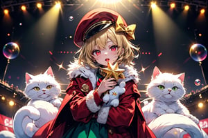 vtuber,Blonde girl,short hair,ruby-like eyes,red eyes,long red eyelashes,red lips, wearing a red snow hat with a white fur ball on the top,a purple starfish on the hat,white fur on the edge of the hat,and a red coat,coat with gold buttons,green skirt,green bow on the neck,green sneakers,gold laces,singing in front of microphone,holding a sleeping furry white cat,white cat wearing a pink bow on its head,surrounded by bubbles,shining point,concert,colorful stage lighting,no people,Tetris game background