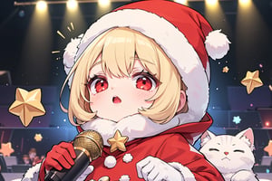 Blonde girl,short hair,red eyes,long red eyelashes,red lips, wearing a red snow hat with a white fur ball on the top,a purple starfish on the hat,white fur on the edge of the hat,and a red coat,coat with gold buttons,green skirt,green bow on the neck,green sneakers,gold laces, no gloves,singing in front of microphone,surrounded by sleeping furry white cat,white cat wearing a pink bow on its head,surrounded by bubbles,shining point,concert,colorful stage lighting,no people,Tetris game background