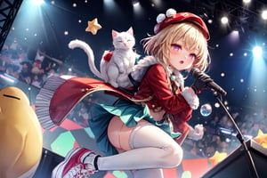 Blonde girl,short hair,ruby-like eyes,long red eyelashes,red lips, wearing a red snow hat with a white fur ball on the top,a purple starfish on the hat,white fur on the edge of the hat,and a red coat,coat with gold buttons,green skirt,green bow on the neck,green sneakers,gold laces, no gloves,singing in front of microphone,surrounded by sleeping furry white cat,white cat wearing a pink bow on its head,surrounded by bubbles,shining point,concert,colorful stage lighting,no people,Tetris game background