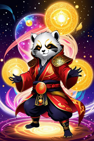 1Ninja tanuki,fighting,7 color Ninja outfit,7 color ancient alchemy God,holding cosmic ball,chanting,7 color shining ancient words everywhere,glowing mantra everywhere,luminous engraving everywhere,seal,strong style,sun king,sun halo,solo,special long white beard,long white eyebrows,gather lightning elixir in the palm of hand,king of glory,focused on  elixir,aim at pill,colorful skin,surrounded by flames,golden butterfly wings,emitting golden light,wearing golden bib short with no shoulder strap on left shoulder,no humans,flame,beam,fire alchemy furnace,thunder pill,crystal cave,crystal background,diamond,gem,tanuki,no human