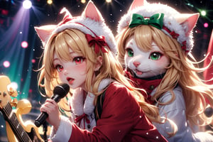 Blonde girl,singing,playing electric guitar,long hair,red eyes,long red eyelashes,red lips,wearing a red snow hat with a white fur ball on the top,a purple starfish on the hat,white fur on the edge of the hat,and a red coat,coat with gold buttons,green skirt,green bow on the neck,green sneakers,gold laces, no gloves,singing in front of microphone,sleeping furry white cat audience,white cat wearing a pink bow on head,surrounded by bubbles,shining point,concert,colorful stage lighting,no people,Tetris game background,anime