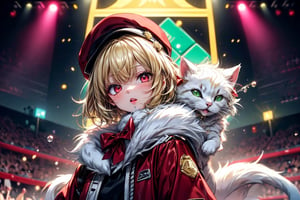 vtuber,Blonde girl,short hair,ruby-like eyes,red eyes,long red eyelashes,red lips, wearing a red snow hat with a white fur ball on the top,a purple starfish on the hat,white fur on the edge of the hat,and a red coat,coat with gold buttons,green skirt,green bow on the neck,green sneakers,gold laces,singing in front of microphone,holding a sleeping furry white cat,white cat wearing a pink bow on its head,surrounded by bubbles,shining point,concert,colorful stage lighting,no people,Tetris game background