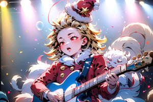 solo,Blonde woman,singing,playing electric guitar,short hair,red eyes,long red eyelashes,red lips,wearing a red snow hat with a white fur ball on the top,a purple starfish on the hat,white fur on the edge of the hat,and a red coat,coat with gold buttons,green skirt,green bow on the neck,green sneakers,gold laces, no gloves,singing in front of microphone,sleeping furry white cat audience,white cat wearing a pink bow on head,surrounded by bubbles,shining point,concert,colorful stage lighting,no people,electric guitar