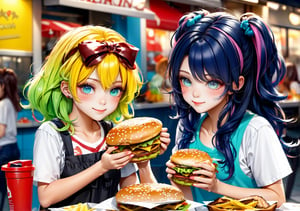 cute girlmix,enjoy hamburger,colorful hair