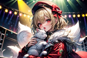 vtuber,Blonde girl,short hair,ruby-like eyes,red eyes,long red eyelashes,red lips, wearing a red snow hat with a white fur ball on the top,a purple starfish on the hat,white fur on the edge of the hat,and a red coat,coat with gold buttons,green skirt,green bow on the neck,green sneakers,gold laces,singing in front of microphone,holding a sleeping furry white cat,white cat wearing a pink bow on its head,surrounded by bubbles,shining point,concert,colorful stage lighting,no people,Tetris game background