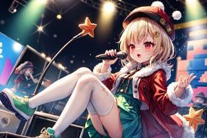 Blonde woman,singing,playing electric guitar,short hair,red eyes,long red eyelashes,red lips,wearing a red snow hat with a white fur ball on the top,a purple starfish on the hat,white fur on the edge of the hat,and a red coat,coat with gold buttons,green skirt,green bow on the neck,green sneakers,gold laces, no gloves,singing in front of microphone,sleeping furry white cat audience,white cat wearing a pink bow on head,surrounded by bubbles,shining point,concert,colorful stage lighting,no people,Tetris game background,anime