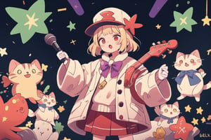 solo,Blonde woman,singing,playing electric guitar,short hair,red eyes,long red eyelashes,red lips,wearing a red snow hat with a white fur ball on the top,a purple starfish on the hat,white fur on the edge of the hat,and a red coat,coat with gold buttons,green skirt,green bow on the neck,green sneakers,gold laces, no gloves,singing in front of microphone,sleeping furry white cat audience,white cat wearing a pink bow on head,surrounded by bubbles,shining point,concert,colorful stage lighting,no people,Tetris game background