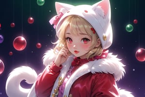 Blonde girl,singing,playing electric guitar,short hair,red eyes,long red eyelashes,red lips,wearing a red snow hat with a white fur ball on the top,a purple starfish on the hat,white fur on the edge of the hat,and a red coat,coat with gold buttons,green skirt,green bow on the neck,green sneakers,gold laces, no gloves,singing in front of microphone,sleeping furry white cat audience,white cat wearing a pink bow on head,surrounded by bubbles,shining point,concert,colorful stage lighting,no people,Tetris game background,anime