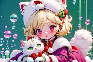 Blonde girl,short hair,ruby-like eyes,long red eyelashes, red lips, wearing a red snow hat with a white fur ball on the top,a purple starfish on the hat,white fur on the edge of the hat,and a red coat,coat with gold buttons,green skirt,green bow on the neck,green sneakers,gold laces, no gloves,a sleeping furry white cat,white cat wearing a pink bow on its head,surrounded by bubbles,Tetris game background