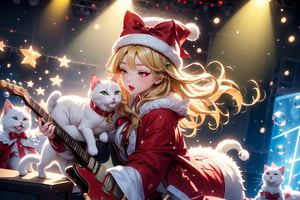 Blonde girl,singing,playing electric guitar,long hair,red eyes,long red eyelashes,red lips,wearing a red snow hat with a white fur ball on the top,a purple starfish on the hat,white fur on the edge of the hat,and a red coat,coat with gold buttons,green skirt,green bow on the neck,green sneakers,gold laces, no gloves,singing in front of microphone,sleeping furry white cat audience,white cat wearing a pink bow on head,surrounded by bubbles,shining point,concert,colorful stage lighting,no people,Tetris game background,anime