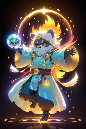 1Ninja tanuki,stand on one hand,fighting,7 color Ninja outfit,7 color ancient alchemy God,holding cosmic ball,chanting,7 color shining ancient words everywhere,glowing mantra everywhere,luminous engraving everywhere,seal,strong style,sun king,sun halo,solo,special long white beard,long white eyebrows,gather lightning elixir in the palm of hand,king of glory,focused on  elixir,aim at pill,colorful skin,surrounded by flames,golden butterfly wings,emitting golden light,wearing golden bib short with no shoulder strap on left shoulder,no humans,flame,beam,fire alchemy furnace,thunder pill,crystal cave,crystal background,diamond,gem,tanuki,no human