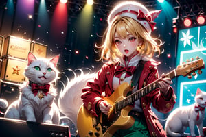 Blonde girl,singing,playing electric guitar,short hair,red eyes,long red eyelashes,red lips,wearing a red snow hat with a white fur ball on the top,a purple starfish on the hat,white fur on the edge of the hat,and a red coat,coat with gold buttons,green skirt,green bow on the neck,green sneakers,gold laces, no gloves,singing in front of microphone,sleeping furry white cat audience,white cat wearing a pink bow on head,surrounded by bubbles,shining point,concert,colorful stage lighting,no people,Tetris game background,anime