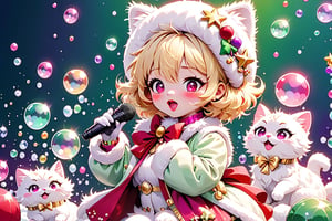 Blonde girl,singing,short hair,close eyes,ruby-like eyes,long red eyelashes,red lips, wearing a red snow hat with a white fur ball on the top,a purple starfish on the hat,white fur on the edge of the hat,and a red coat,coat with gold buttons,green skirt,green bow on the neck,green sneakers,gold laces, no gloves,singing in front of microphone,sleeping furry white cat audience,white cat wearing a pink bow on its head,surrounded by bubbles,shining point,concert,colorful stage lighting,no people,Tetris game background