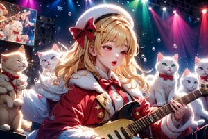 Blonde girl,singing,playing electric guitar,long hair,red eyes,long red eyelashes,red lips,wearing a red snow hat with a white fur ball on the top,a purple starfish on the hat,white fur on the edge of the hat,and a red coat,coat with gold buttons,green skirt,green bow on the neck,green sneakers,gold laces, no gloves,singing in front of microphone,sleeping furry white cat audience,white cat wearing a pink bow on head,surrounded by bubbles,shining point,concert,colorful stage lighting,no people,Tetris game background,anime