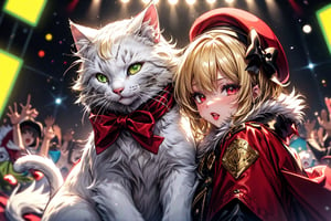 vtuber,Blonde girl,short hair,ruby-like eyes,red eyes,long red eyelashes,red lips, wearing a red snow hat with a white fur ball on the top,a purple starfish on the hat,white fur on the edge of the hat,and a red coat,coat with gold buttons,green skirt,green bow on the neck,green sneakers,gold laces,singing in front of microphone,holding a sleeping furry white cat,white cat wearing a pink bow on its head,surrounded by bubbles,shining point,concert,colorful stage lighting,no people,Tetris game background