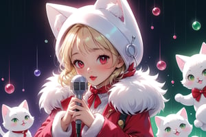 Blonde girl,singing,playing electric guitar,short hair,red eyes,long red eyelashes,red lips,wearing a red snow hat with a white fur ball on the top,a purple starfish on the hat,white fur on the edge of the hat,and a red coat,coat with gold buttons,green skirt,green bow on the neck,green sneakers,gold laces, no gloves,singing in front of microphone,sleeping furry white cat audience,white cat wearing a pink bow on head,surrounded by bubbles,shining point,concert,colorful stage lighting,no people,Tetris game background,anime